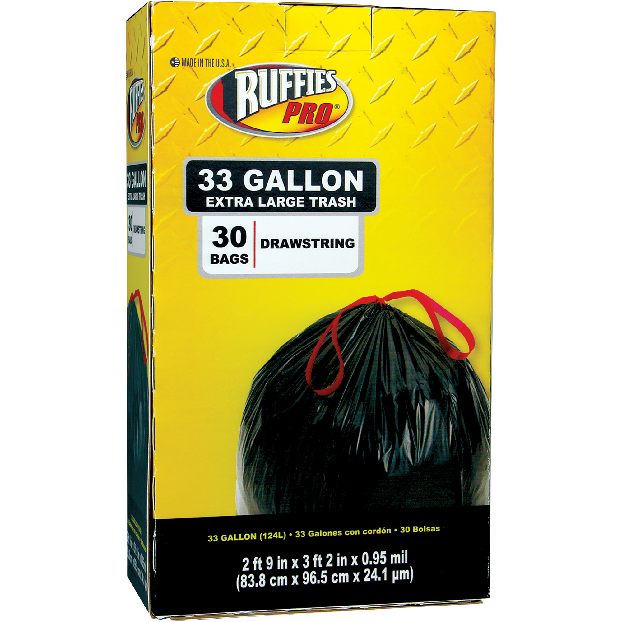 Ruffies Pro Drawstring Trash Bags - 33-Gallon, Heavy-Duty, Black, 30-Count